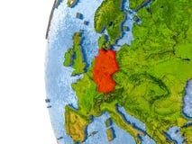map of germany on model of globe stock image