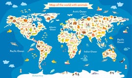 Map of the World with animals. Beautiful colorful vector illustration with the inscription of the oceans and continents. Stock Image Map of the World with animals. Beautiful colorful vector illustration with the inscription of the oceans and continents. Stock Image