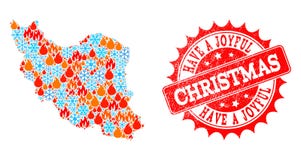 Mapa da colagem de Irã da chama e dos flocos de neve e para ter um selo alegre do Grunge do Natal ilustração royalty free Mapa da colagem de Irã da chama e dos flocos de neve e para ter um selo alegre do Grunge do Natal ilustração royalty free