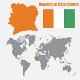 Mapa de Costa de Marfil en un mapa del mundo con el indicador de la bandera y del mapa Ilustración del vector stock de ilustración Mapa de Costa de Marfil en un mapa del mundo con el indicador de la bandera y del mapa Ilustración del vector stock de ilustración
