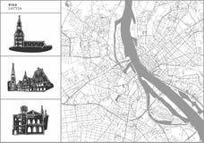 Mapa de la ciudad de Riga con los iconos a mano de la arquitectura stock de ilustración Mapa de la ciudad de Riga con los iconos a mano de la arquitectura stock de ilustración