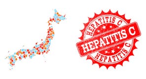 Mapa de mosaico de Japón del fuego y de la nieve y del sello de la desolación de la hepatitis C ilustración del vector Mapa de mosaico de Japón del fuego y de la nieve y del sello de la desolación de la hepatitis C ilustración del vector