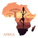 Mapa de África con el paisaje de la puesta del sol en la sabana, la mujer, una jirafa y baobab Fondo del vector libre illustration Mapa de África con el paisaje de la puesta del sol en la sabana, la mujer, una jirafa y baobab Fondo del vector libre illustration
