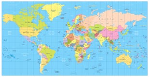 Mapa do mundo político detalhado: países, cidades, objetos da água ilustração stock Mapa do mundo político detalhado: países, cidades, objetos da água ilustração stock