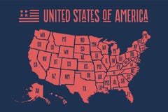 Mapa los Estados Unidos de América del cartel con nombres del estado ilustración del vector Mapa los Estados Unidos de América del cartel con nombres del estado ilustración del vector
