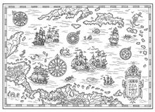 Mapa preto e branco do pirata do mar das caraíbas com navios, as ilhas e as criaturas velhos da fantasia ilustração stock Mapa preto e branco do pirata do mar das caraíbas com navios, as ilhas e as criaturas velhos da fantasia ilustração stock
