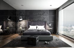 Maquette intérieure de chambre à coucher, style moderne noir, 3D rendu, 3D i illustration libre de droits Maquette intérieure de chambre à coucher, style moderne noir, 3D rendu, 3D i illustration libre de droits