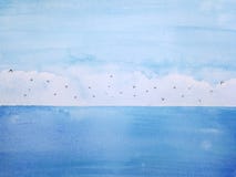 Mar e c?u azuis da paisagem da aquarela com p?ssaros ilustração do vetor Mar e c?u azuis da paisagem da aquarela com p?ssaros ilustração do vetor
