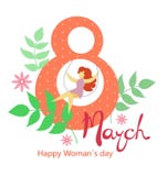Card for 8 March womens day. Woman on swing figure eight with leaves and flowers, handwritten text on a white background stock illustration Card for 8 March womens day. Woman on swing figure eight with leaves and flowers, handwritten text on a white background stock illustration