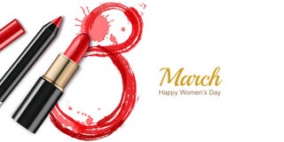 8 March greeting card, International Women`s Day. Red lipstick, pencil, watercolor number eight. vector illustration 8 March greeting card, International Women`s Day. Red lipstick, pencil, watercolor number eight. vector illustration