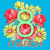 8 March. Happy women`s day greeting card, holiday vector floral banner. Green 8 on a hand drawn floral ornament from. Flowers of roses and chamomiles, buds vector illustration 8 March. Happy women`s day greeting card, holiday vector floral banner. Green 8 on a hand drawn floral ornament from. Flowers of roses and chamomiles, buds vector illustration