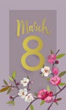 March 8 International Women`s Day greeting card with a blooming branch. stock illustration March 8 International Women`s Day greeting card with a blooming branch. stock illustration