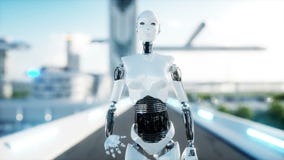 Marche femelle de robot Ville futuriste, ville Les gens et les robots Animation 4K réaliste illustration libre de droits Marche femelle de robot Ville futuriste, ville Les gens et les robots Animation 4K réaliste illustration libre de droits