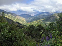 Marche par une vallée ouverte le long de la traînée de Salkantay sur photographie stock Marche par une vallée ouverte le long de la traînée de Salkantay sur photographie stock