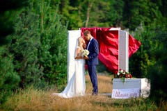 Marche épousant des couples dans la jeune mariée de marié de forêt frottant des cheveux Foyer sélectif photo libre de droits Marche épousant des couples dans la jeune mariée de marié de forêt frottant des cheveux Foyer sélectif photo libre de droits