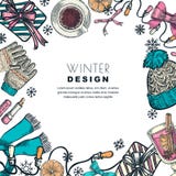 Marco de las vacaciones de invierno Ejemplo del bosquejo del color del vector Plantilla del diseño de la bandera o del cartel stock de ilustración Marco de las vacaciones de invierno Ejemplo del bosquejo del color del vector Plantilla del diseño de la bandera o del cartel stock de ilustración