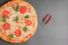 Margarita Pizza mit Tomate und rotem Paprika zwei auf grauer Tabelle, Draufsicht und Platz für Text stockfotos Margarita Pizza mit Tomate und rotem Paprika zwei auf grauer Tabelle, Draufsicht und Platz für Text stockfotos