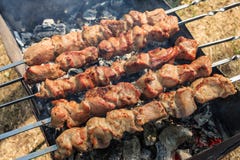 Marinated shashlik свинины aka армянское будучи сваренным на меднике стоковое изображение Marinated shashlik свинины aka армянское будучи сваренным на меднике стоковое изображение