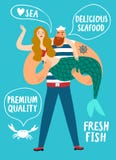 Marinero que sostiene la sirena hermosa stock de ilustración Marinero que sostiene la sirena hermosa stock de ilustración