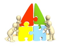 Marionetten, Haus von einem Puzzlespiel montierend stock abbildung Marionetten, Haus von einem Puzzlespiel montierend stock abbildung