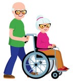 Married couple senior man and his wife in a wheelchair stock illustration Married couple senior man and his wife in a wheelchair stock illustration