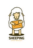 Mascotte floconneuse de moutons de bande dessinée avec la grande enveloppe illustration stock Mascotte floconneuse de moutons de bande dessinée avec la grande enveloppe illustration stock