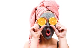 Mask for skin woman, happy and funny girl makes a mask for face skin, girl closes her eyes with orange, girl is surprised, stock photos Mask for skin woman, happy and funny girl makes a mask for face skin, girl closes her eyes with orange, girl is surprised, stock photos
