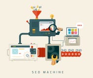 Maskin för Website SEO, process av optimization. Lägenhet stock illustrationer Maskin för Website SEO, process av optimization. Lägenhet stock illustrationer