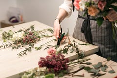 Master Class On Making Bouquets. Summer Bouquet. Learning Flower Arranging, Making Beautiful Bouquets With Your Own Stock Image Master Class On Making Bouquets. Summer Bouquet. Learning Flower Arranging, Making Beautiful Bouquets With Your Own Stock Image