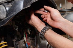The master conducts disassembly of equipment for maintenance stock image The master conducts disassembly of equipment for maintenance stock image