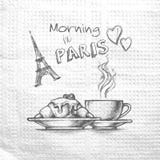 Matin à Paris Tour Eiffel tiré par la main d'image de croquis, tasse de café de thé et croissant Message sur une serviette de pap illustration libre de droits Matin à Paris Tour Eiffel tiré par la main d'image de croquis, tasse de café de thé et croissant Message sur une serviette de pap illustration libre de droits