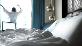 Mattina nell'hotel: la giovane femmina apre le tende dopo posta che controlla in computer portatile Mattina nell'hotel: la giovane femmina apre le tende dopo posta che controlla in computer portatile