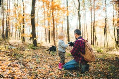 A mature father and a toddler son in an autumn forest, taking pictures with a camera. royalty free stock photo A mature father and a toddler son in an autumn forest, taking pictures with a camera. royalty free stock photo