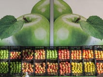 Maçãs de cores, de tipos e de variedades diferentes para a venda no mercado na Sérvia, com uma imagem das maçãs no fundo Fotos de Stock Maçãs de cores, de tipos e de variedades diferentes para a venda no mercado na Sérvia, com uma imagem das maçãs no fundo Fotos de Stock