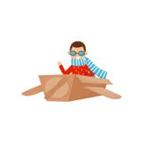 Mała uśmiechnięta chłopiec bawić się z samolotem robić karton Dzieciaka sen zostać pilotowy Rola sztuki Płaski wektorowy projekt ilustracji Mała uśmiechnięta chłopiec bawić się z samolotem robić karton Dzieciaka sen zostać pilotowy Rola sztuki Płaski wektorowy projekt ilustracji