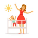 Mały dziecko jest w ściąga budził się up w ranku, macierzystego i małego dziecku w sypialni cieszy się słońce kolorowego, ilustracja wektor Mały dziecko jest w ściąga budził się up w ranku, macierzystego i małego dziecku w sypialni cieszy się słońce kolorowego, ilustracja wektor