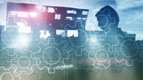 Meccanismo di ingranaggi di doppia esposizione su fondo vago Concetto di automazione di processi di industriale e di affari immagini stock Meccanismo di ingranaggi di doppia esposizione su fondo vago Concetto di automazione di processi di industriale e di affari immagini stock