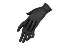 Medical nitrile gloves.Two black surgical gloves isolated on white background with hands. Rubber glove