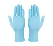Medical nitrile gloves.Two blue surgical gloves isolated on white background with hands. Rubber glove manufacturing, human hand is