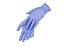 Medical nitrile gloves. Two blue surgical gloves isolated on white background with hands. Rubber glove