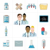 Medical and pharmaceutical or pharma icons. Thermometer, tablets and pills, drug, cardiogram, syringe, folder and documents. Stock Photo Medical and pharmaceutical or pharma icons. Thermometer, tablets and pills, drug, cardiogram, syringe, folder and documents. Stock Photo