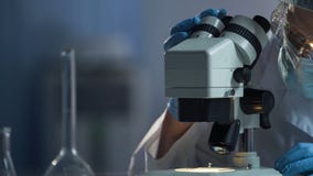 Medical scientist preparing surface of microscope for macro researching process royalty free stock photos Medical scientist preparing surface of microscope for macro researching process royalty free stock photos