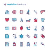 Medicin och medicinsk utrustning fodrar vektorsymboler med plana beståndsdelar stock illustrationer Medicin och medicinsk utrustning fodrar vektorsymboler med plana beståndsdelar stock illustrationer