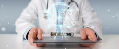 Medico che usando l'interfaccia digitale 3D di intelligenza artificiale rende Medico che usando l'interfaccia digitale 3D di intelligenza artificiale rende