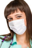 Medico femminile che indossa maschera chirurgica immagini stock Medico femminile che indossa maschera chirurgica immagini stock