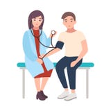 Medico femminile o il consulente medico si siede il banco dell'ospedale e misura la pressione sanguigna del paziente maschio isol illustrazione vettoriale Medico femminile o il consulente medico si siede il banco dell'ospedale e misura la pressione sanguigna del paziente maschio isol illustrazione vettoriale