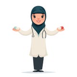Medico sveglio della ragazza femminile araba con le pillole nell'illustrazione di vettore di Retro Cartoon Design dell'erba medic illustrazione di stock Medico sveglio della ragazza femminile araba con le pillole nell'illustrazione di vettore di Retro Cartoon Design dell'erba medic illustrazione di stock