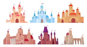 Medieval castle towers. Fairytail mansion exterior, king fortress castles and fortified palace with gate cartoon vector royalty free illustration Medieval castle towers. Fairytail mansion exterior, king fortress castles and fortified palace with gate cartoon vector royalty free illustration