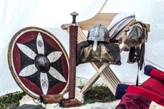 Medieval Knight Equipment In Old Sleeping Tent Stock Photography