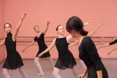 Medio volwassen vrouwelijke balletleraar die middelgrote groep tieners instrueren stock afbeelding Medio volwassen vrouwelijke balletleraar die middelgrote groep tieners instrueren stock afbeelding
